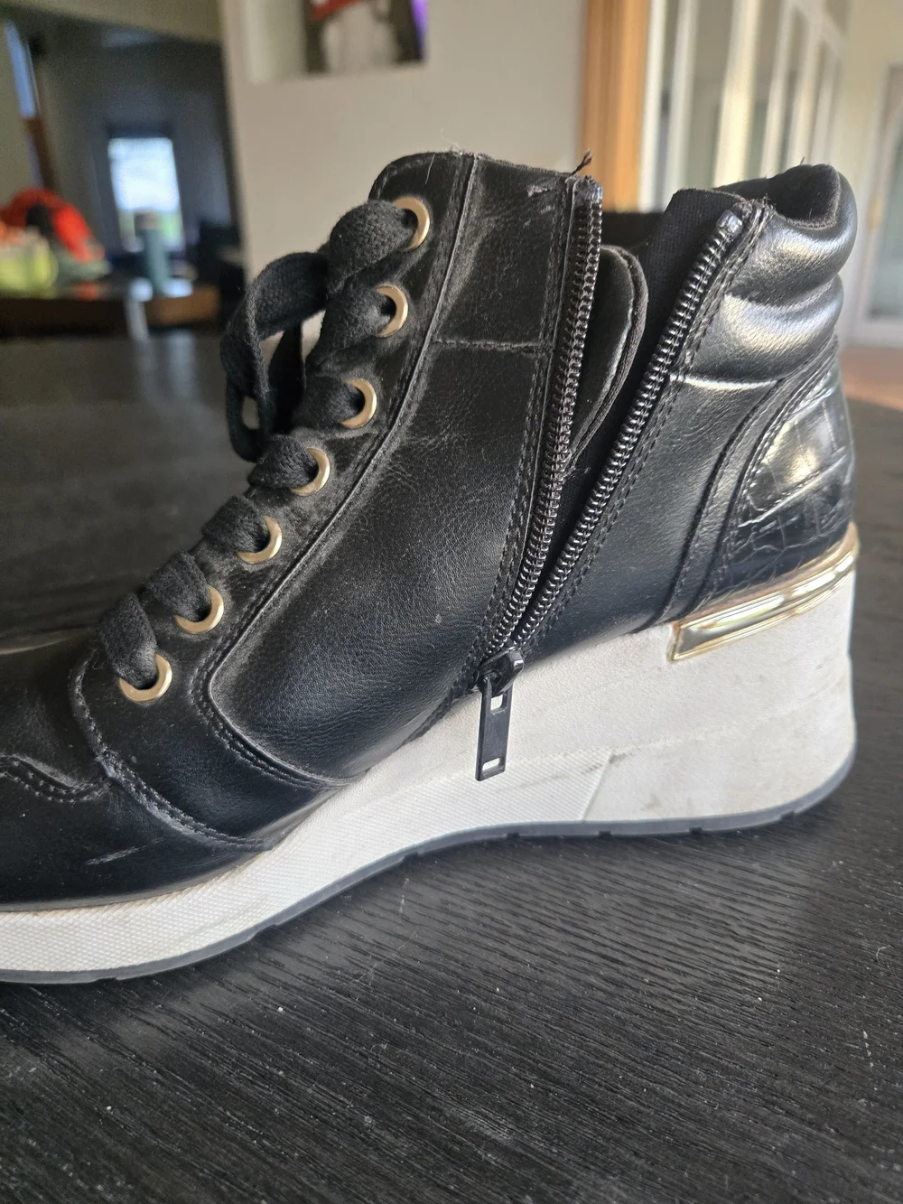 Aldo Size 9 Wedge Sneaker - Black with Gold Accents